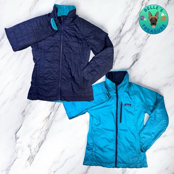 Patagonia Jacket Womens Small Reversible Blue Logo Snowbelle 3 Quilted Full‎ Zip - Picture 1 of 10